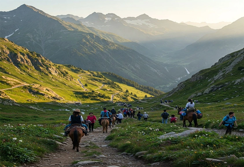 Trekking image of people going for char dham yatra